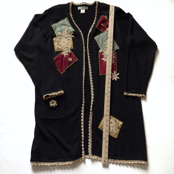 Vintage Shell Kepler Patchwork Beaded Duster Cardigan Large Black Crochet Lace - Picture 11 of 14